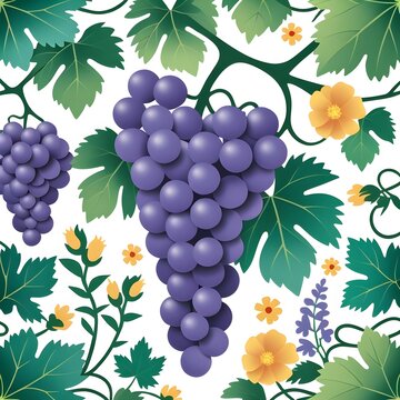 Grapes, grape vines, vine leaves and wildflowers, layered paper-cut style.
