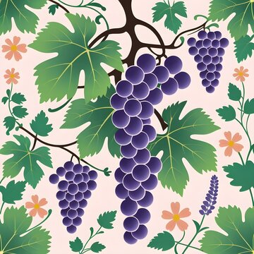 Grapes, grape vines, vine leaves and wildflowers, layered paper-cut style.