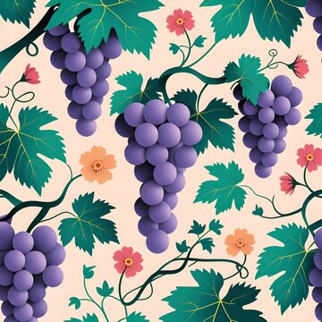 Grapes, grape vines, vine leaves and wildflowers, layered paper-cut style.