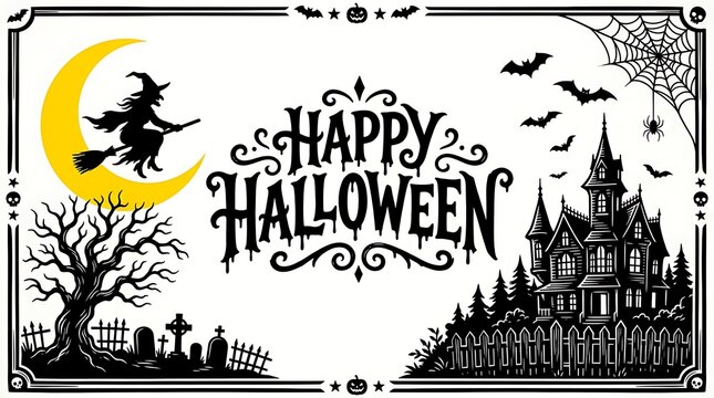 A vintage style black and white happy halloween greeting card design featuring a witch on a moon and haunted castle