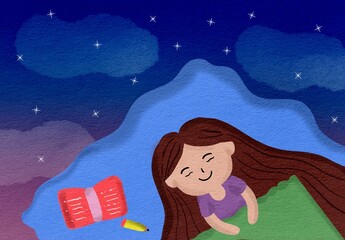 Cute girl sleeping peacefully in bed with book and pencil under starry night sky, children book illustration.
