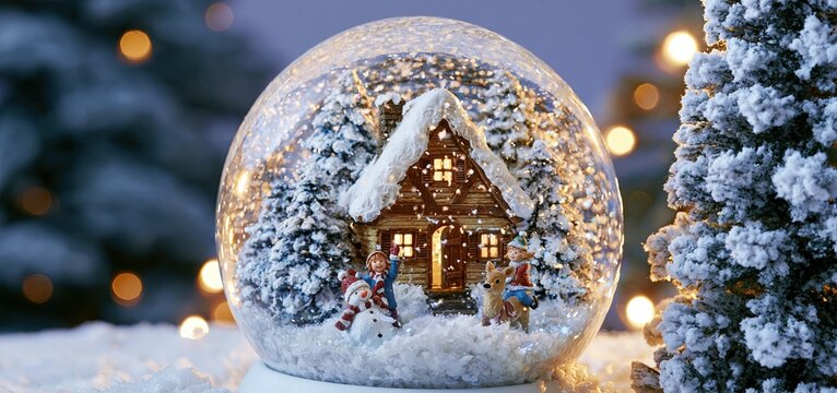 A cozy chalet inside a snow globe, nestled among frosty evergreens with festive figures and gentle twilight lighting.