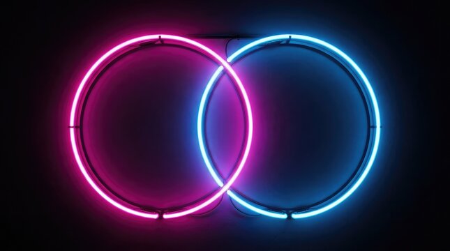 Abstract background with glowing pink and blue neon circles intersecting on a dark black textured wall