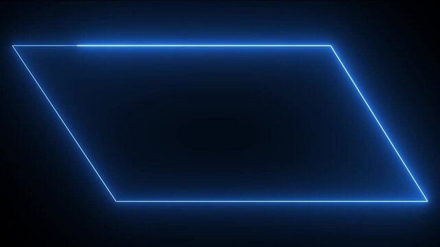 Glowing blue neon parallelogram frame with smooth pulsing light effect on dark background