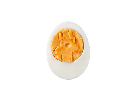 Hard boiled egg with peeled orange yellow yolk inside white shell transparent background