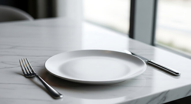 Empty white plate with fork and knife on marble table, ready for a meal