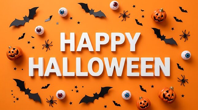 A festive happy halloween background featuring white text surrounded by spooky bats plastic eyeballs and small pumpkins on orange surface