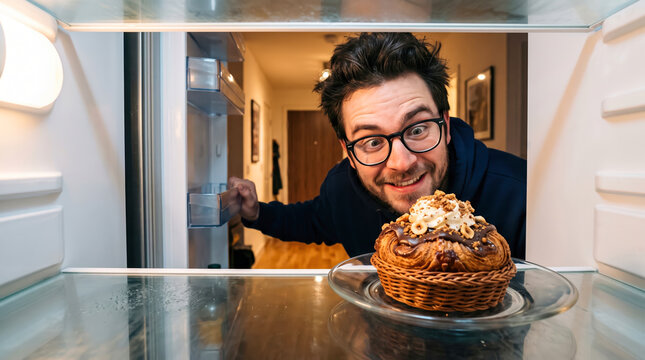 A man stands in front of an open refrigerator with a big smile as he reaches for a pastry sitting on the shelf. The kitchen has warm lighting and a cozy feel