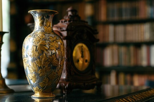 A detailed antique vase and clock in a library. Vintage decor for.