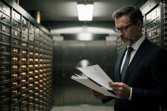 Bank manager reviewing documents inside secure vault