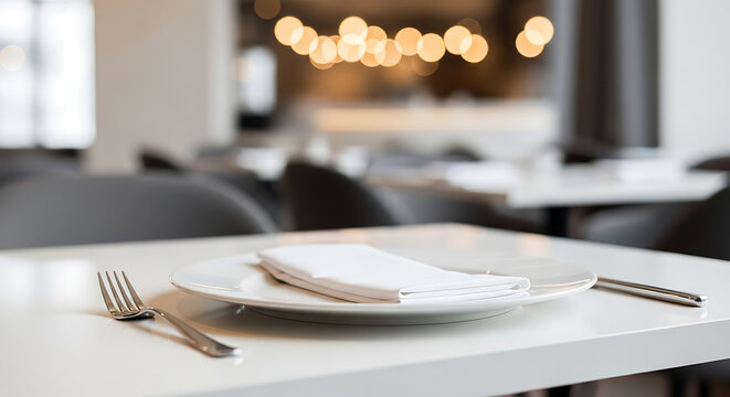 Elegant restaurant table setting with white plate, napkin, and cutlery, blurred background
