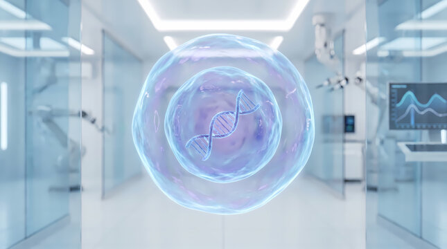 3D biotechnology research concept with microscopic cell model and DNA structure in modern lab