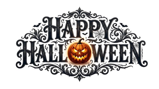 Decorative vintage style happy halloween text design featuring a spooky carved jack o lantern pumpkin isolated on a white background