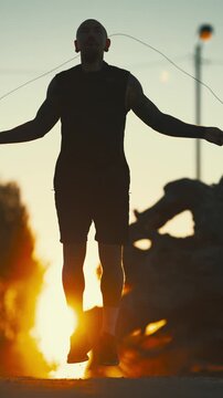 Athletic man jumping rope at sunset silhouette