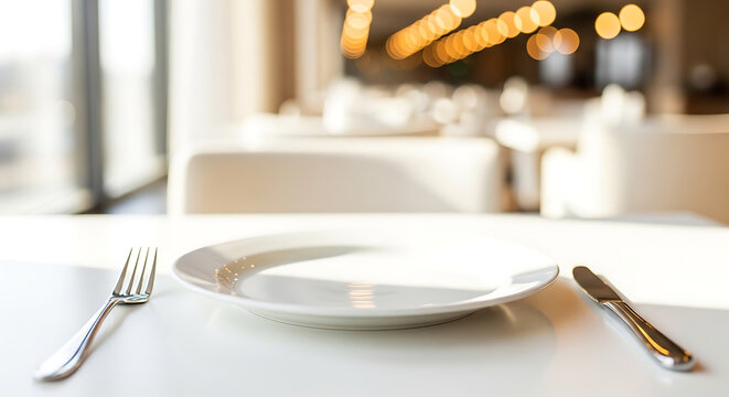 Empty plate, fork and knife on a white table in a sunlit restaurant