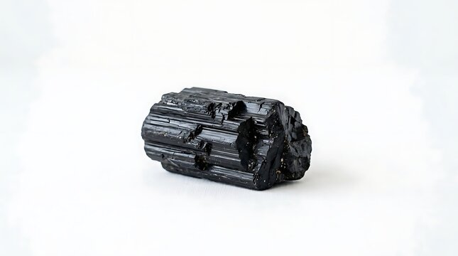 Raw Black Tourmaline Schorl Crystal Mineral Specimen Isolated on Plain White Background