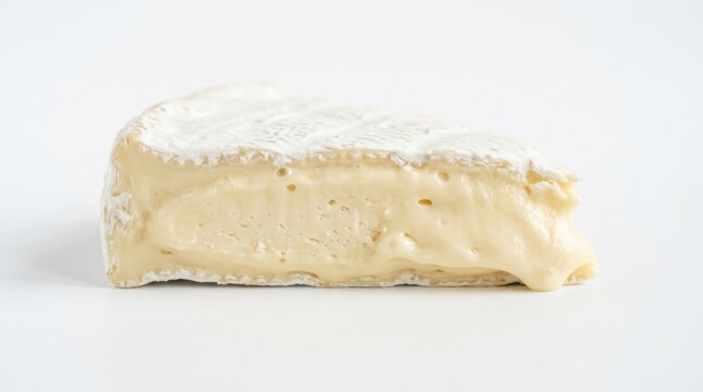 Slice of creamy brie cheese with soft rind isolated on white background