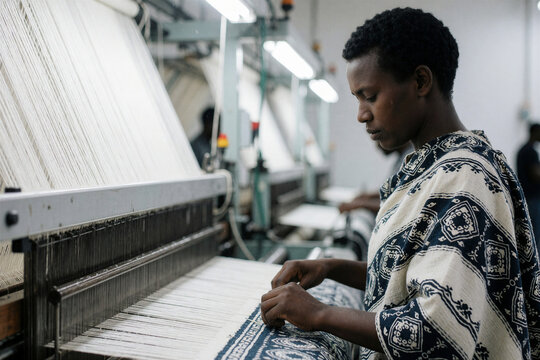 Textile worker operating weaving loom in factory workshop