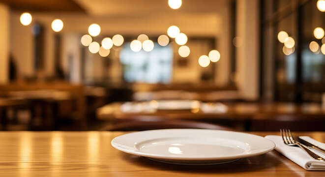 Empty restaurant table with plate and cutlery, bokeh lights background