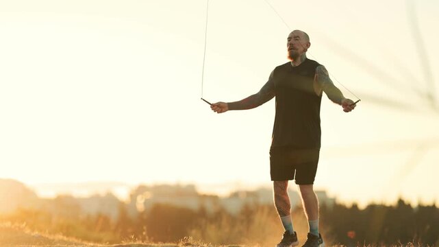 Tattooed man jumping rope during outdoor workout at sunset