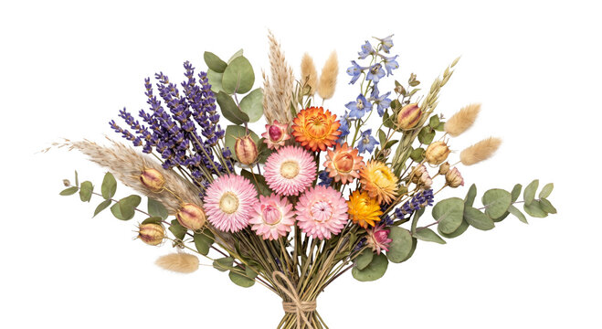 Bohemian dried flower bouquet with lavender, strawflowers, and eucalyptus