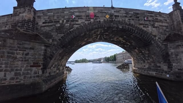 Charles Bridge Prague View from Boat Sailing Under Arch FP POV