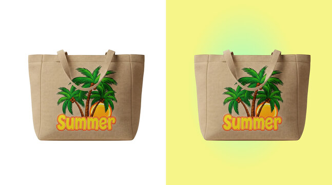 Beige burlap tote bag with a printed summer featuring green palm trees and yellow text isolated on a white background, for shopping isolated on a transparent background