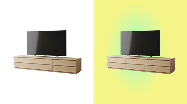 Large flat screen television mounted on a long light wood media console with drawers isolated on a white background, for home interior isolated on a transparent background
