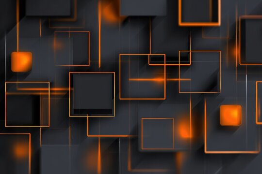 Abstract background featuring dark geometric square shapes with glowing orange neon light lines creating a modern technological and futuristic digital art composition
