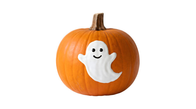 Halloween pumpkin decoration with smiling ghost face on transparent background PNG