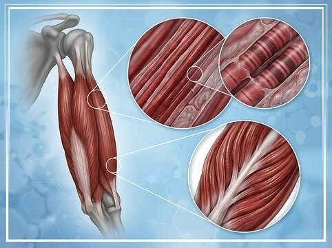 Anatomical illustration of human arm muscle structure showing muscle fibers, fascicles, and sarcomeres in magnified circular insets