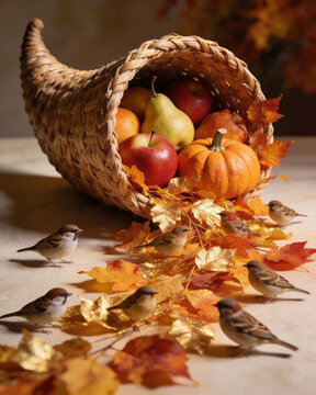 Wicker cornucopia filled with apples, pears, and pumpkin surrounded by small sparrows on golden autumn leaves. Warm Thanksgiving harvest mood.