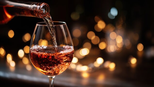 A close up shot of amber colored cognac being poured from a glass bottle into a crystal snifter against a dark blurred background