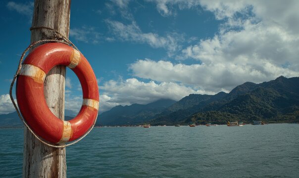 A bright orange lifebuoy hanging on a wooden post overlooking the calm blue ocean with distant mountains under a cloudy sky