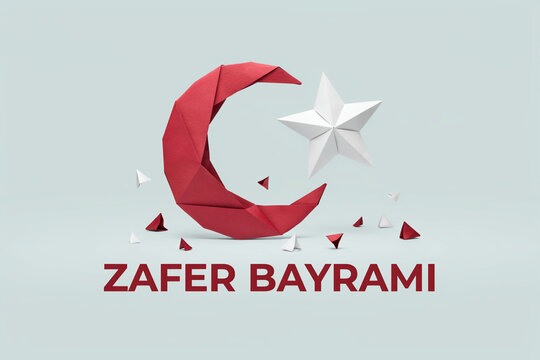 Red paper cut crescent moon with white origami star, minimal Islamic holiday greeting on light background for Zafer Bayrami celebration