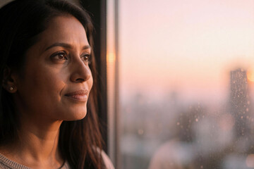 Obraz premium Thoughtful woman looking through window at sunset