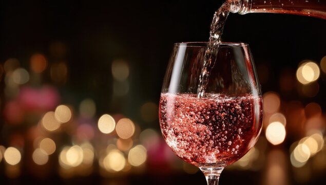A glass of sparkling rose wine being poured from a bottle with beautiful golden bokeh lights in the dark background for celebration