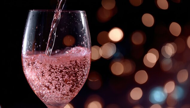 A glass of red wine being poured against a dark background with festive golden bokeh lights creating a celebratory and elegant atmosphere