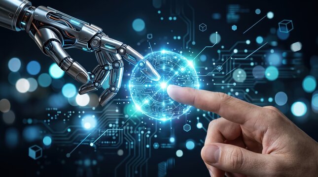 Futuristic robot hand touching human finger with glowing digital sphere interface, symbolizing artificial intelligence, cyborg technology, and connection between machine