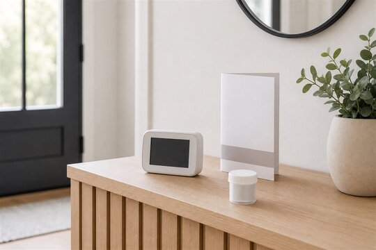Home radon testing kit on entryway console with copy space