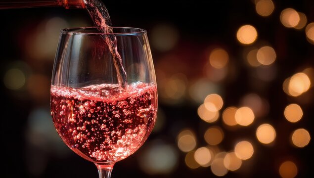 A glass of red wine being poured against a dark background with festive golden bokeh lights creating a luxurious and celebratory atmosphere