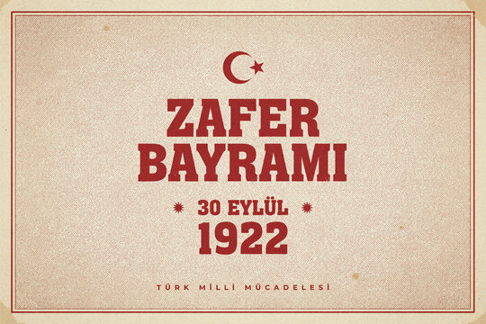 Vintage beige paper background with red typography and crescent symbol, Turkish Zafer Bayrami 30 August 1922 celebration poster design