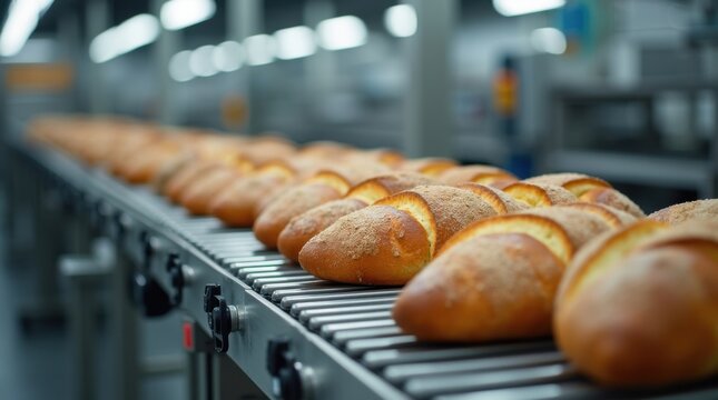 L&iacute;nea de producci&oacute;n automatizada de panader&iacute;a con pan reci&eacute;n horneado desplaz&aacute;ndose por cintas transportadoras