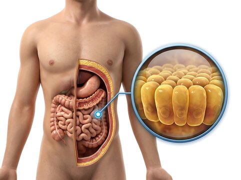 Anatomical illustration of the human digestive system with a magnified view of intestinal epithelial cells