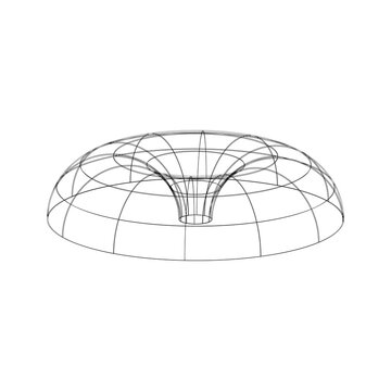 3D wireframe toroidal funnel surface with concentric rings and curved lines, abstract mathematical