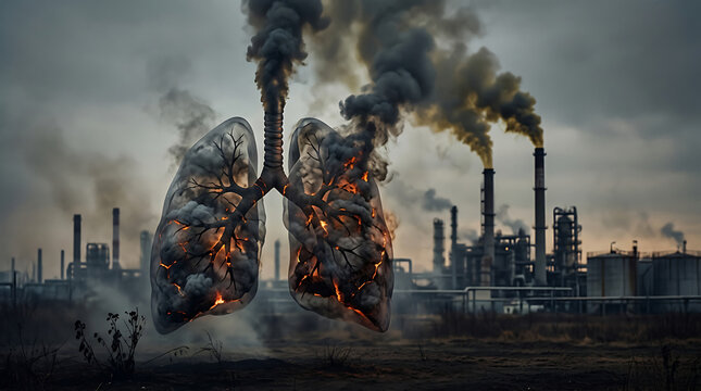 Industrial pollution from factory chimneys emitting dark smoke. Heavy smog and environmental damage in urban manufacturing zone.