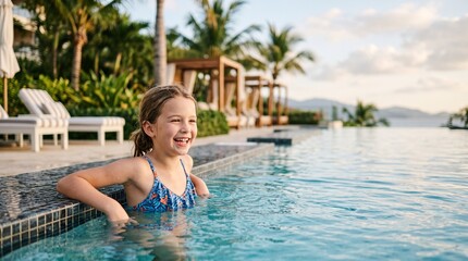 Naklejka premium Young girl smiling while playing in the swimming pool at sunset 