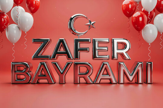 Red and white balloons with crescent moon, Zafer Bayrami celebration text on red background for Turkish Victory Day greeting or social media banner