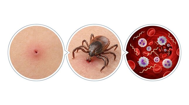 Illustration of a tick bite process showing skin puncture, tick attachment, and spirochete bacteria spreading in the bloodstream