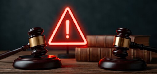 Obraz premium In a legal office setting, a glowing warning sign highlights regulatory updates alongside a gavel and law books.